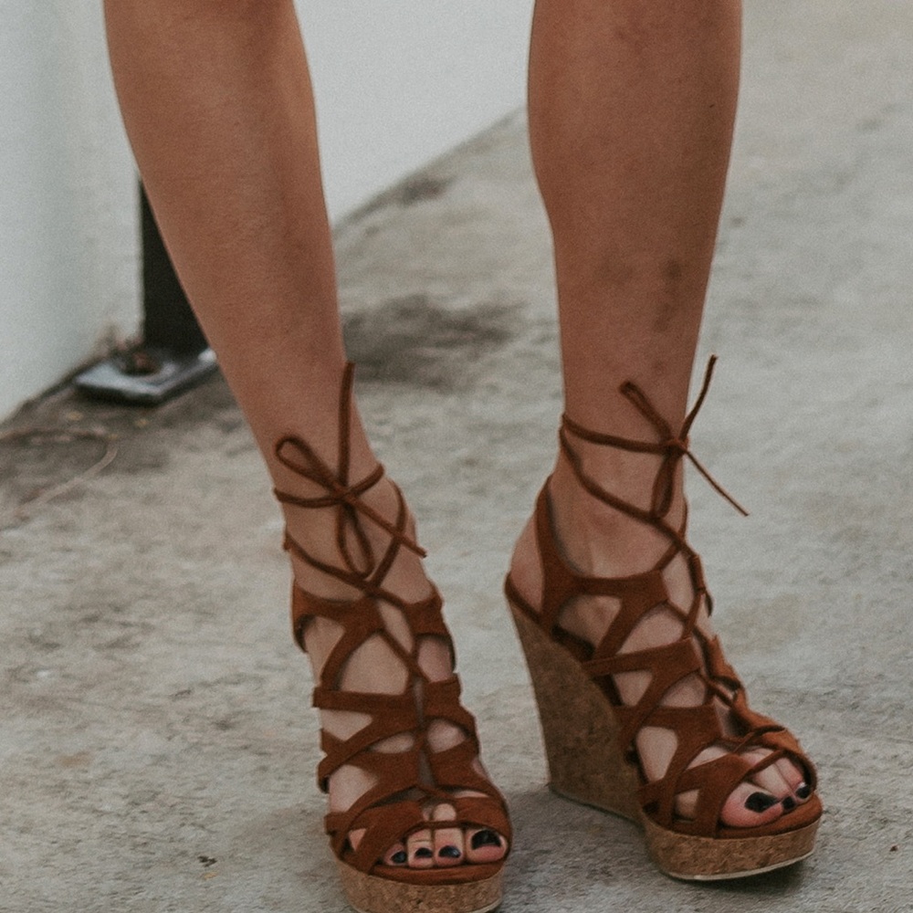 Camel wedge tie-up sandal